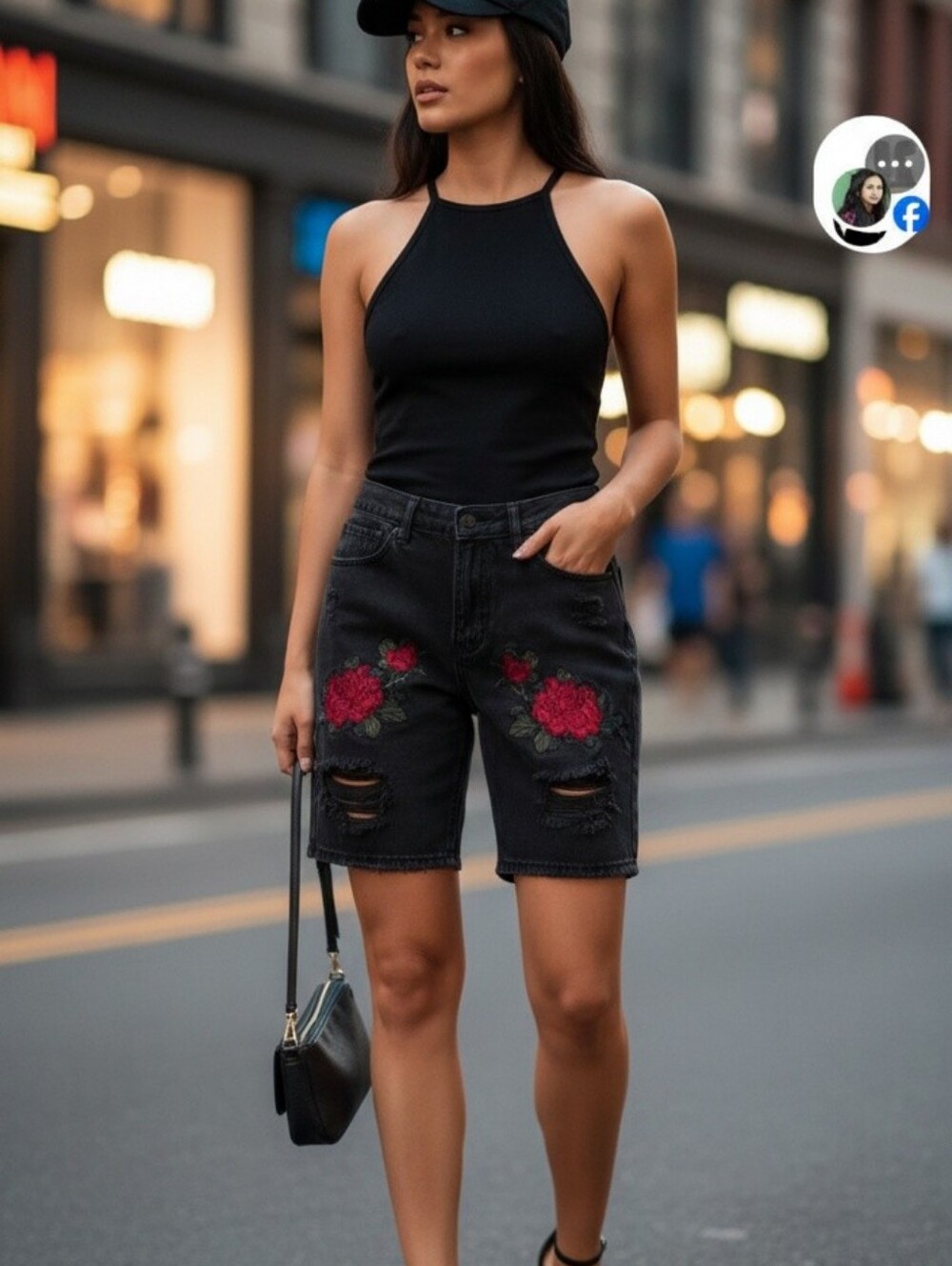 Get Ready for Adventure with Our 100% Cotton Black with Roses Distressed Shorts
